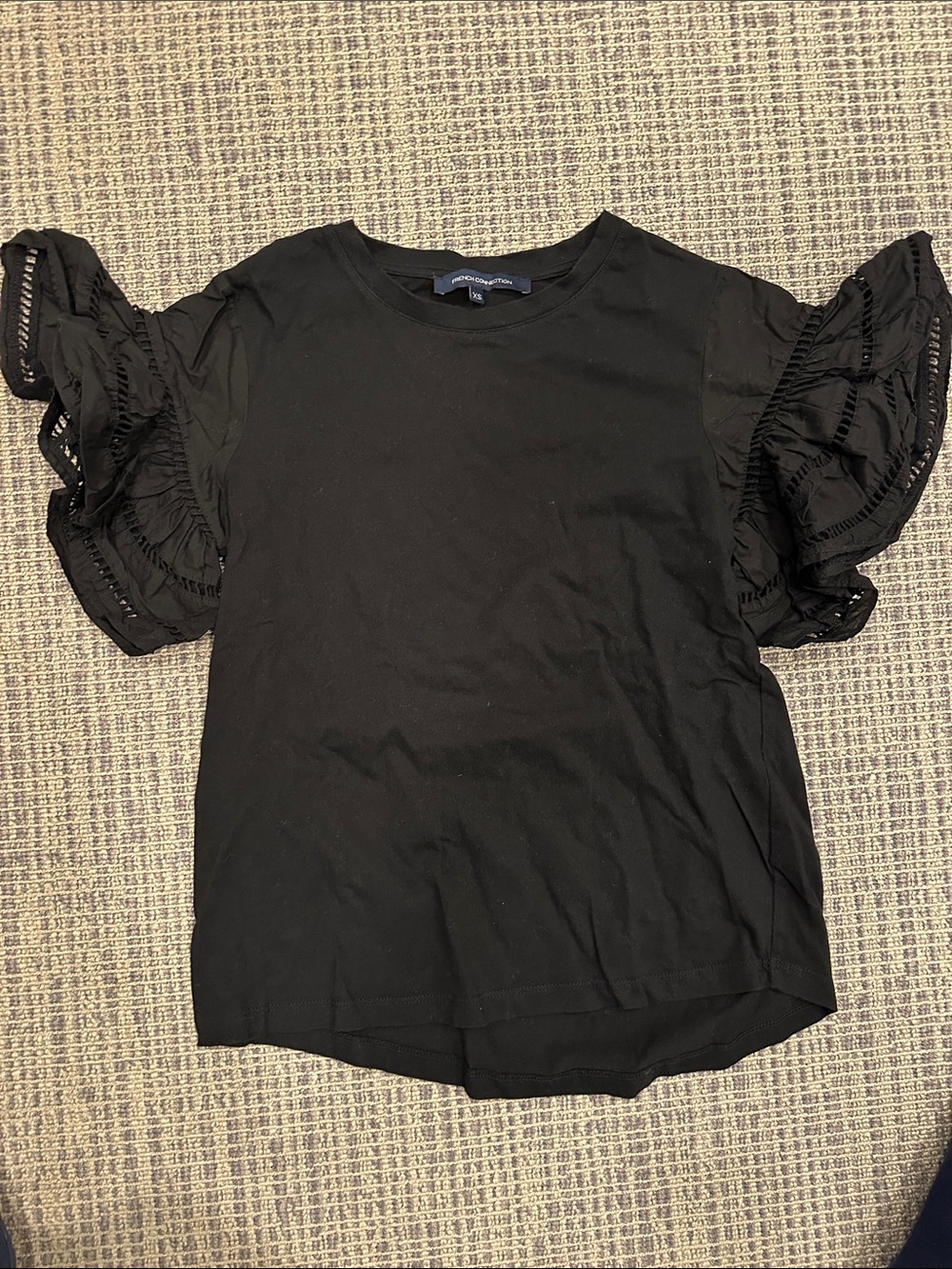 French Connection Black Puff-Sleeve Eyelet Tee